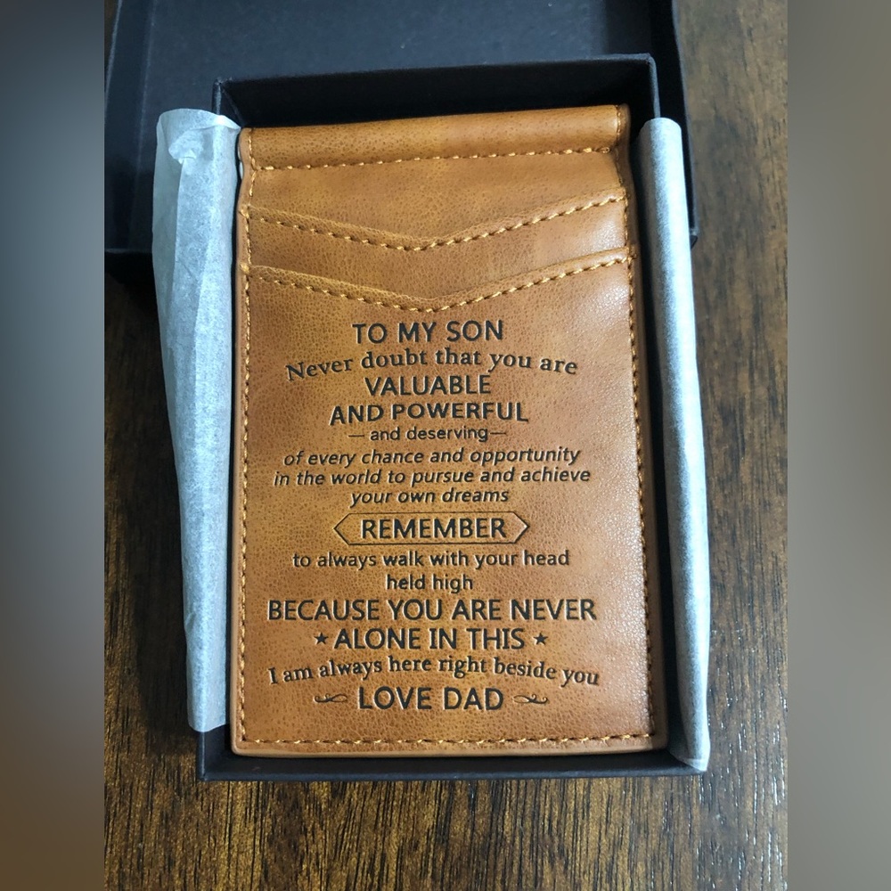 Leather Wallet engraved to my son from Dad brown. 4”LX3”W